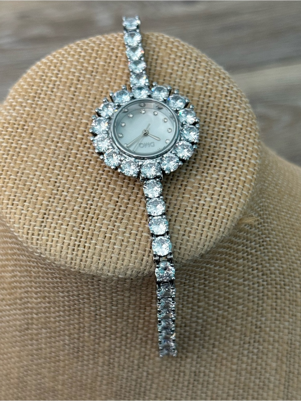 QVC Diamonique "DMQ" Silver-Tone Halo Tennis Bracelet Watch